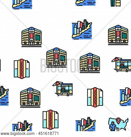 New York American City Landmarks Vector Seamless Pattern Thin Line Illustration