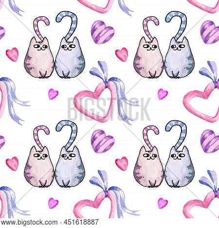 Seamless Watercolour Pattern On Love Theme With Heart, Cute Cats, Sweets. Valentines Day Background.