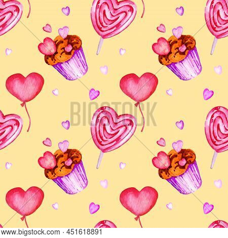 Seamless Pattern With Heart, Candy And Cupcakes To Valentine Day Theme, Watercolour Hand Draw, Pink 