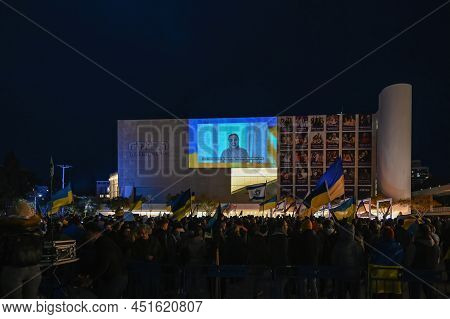 Tel Aviv. Israel - March 20, 2022: Rally In Support Of Ukraine In Tel Aviv On Habima Square. Broadca