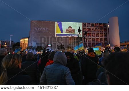 Tel Aviv. Israel - March 20, 2022: Rally In Support Of Ukraine In Tel Aviv On Habima Square. Broadca
