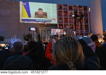 Tel Aviv. Israel - March 20, 2022: Rally In Support Of Ukraine In Tel Aviv On Habima Square. Broadca