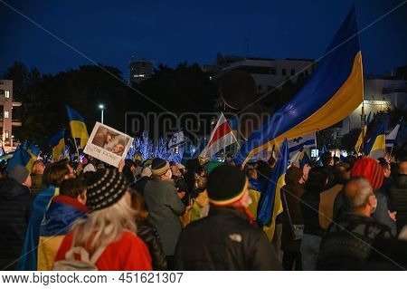 Tel Aviv. Israel - March 20, 2022: Rally In Support Of Ukraine In Tel Aviv On Habima Square. Broadca