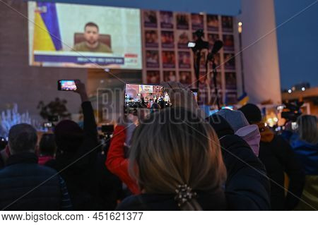 Tel Aviv. Israel - March 20, 2022: Rally In Support Of Ukraine In Tel Aviv On Habima Square. Broadca