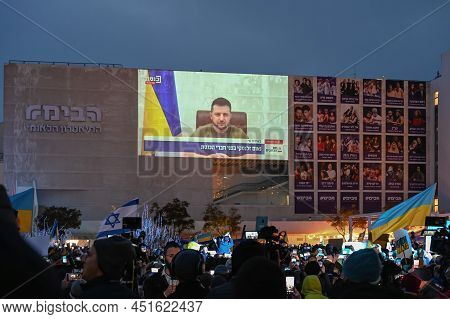 Tel Aviv. Israel - March 20, 2022: Rally In Support Of Ukraine In Tel Aviv On Habima Square. Broadca