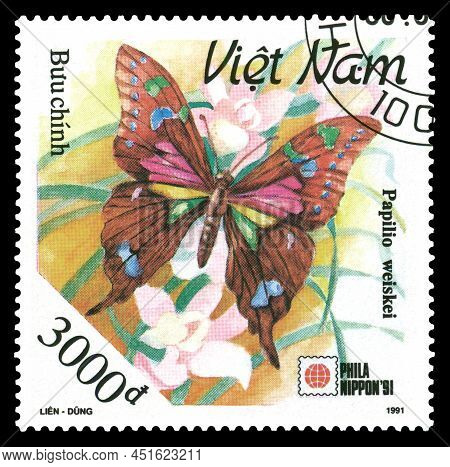Stavropol, Russia - March 23 2022:  A Stamp Printed In Vietnam Shows Butterfly Papilio Maackii  (pap