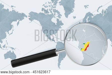 Enlarged Map Of Congo On America Centered World Map. Magnified Map And Flag Of Congo. Vector Templat