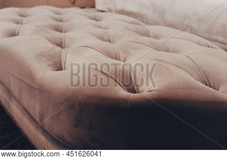 Decorative Screed Upholstery Made Of Brown Velor Upholstered Furniture, Close-up.