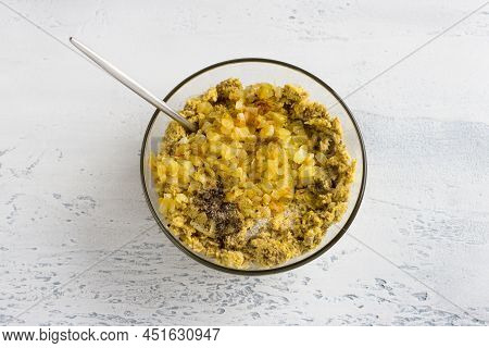 Cooking Vegan Lentil Dumplings Or Patties. Raw Soaked Green Lentils Punched In Blender And Fried Oni