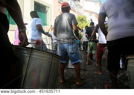 Salvador, Bahia, Brazil - March 25, 2022: Young Members Of Projeto Axe Make A Percussion Presentatio