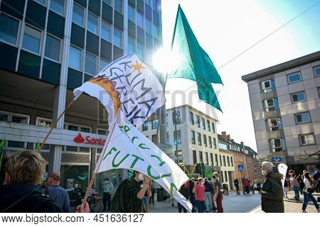 Luebeck, Germany, March 25, 2022: Flags With Slogans On A Fridays For Future Protest Demonstration I