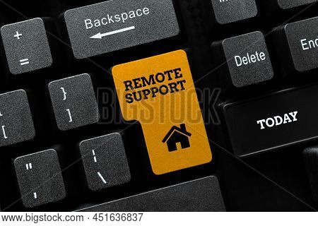 Hand Writing Sign Remote Support. Business Showcase Help Endusers To Solve Computer Problems And Iss
