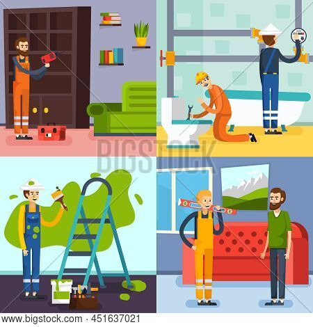 Home Renovation Concept 4 Flat Icons Square With Plumbers In Bathroom And Workman Painting Wall Isol