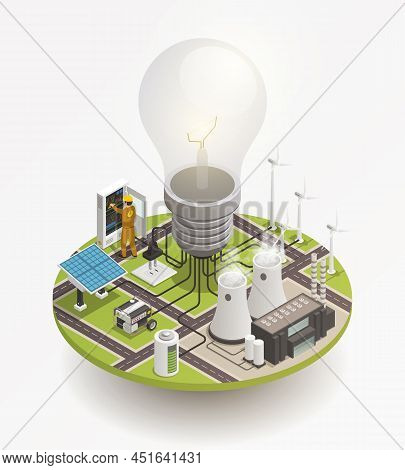 Electric Power Production And Consumption Isometric Composition With Windmill Solar Cell Panels And 