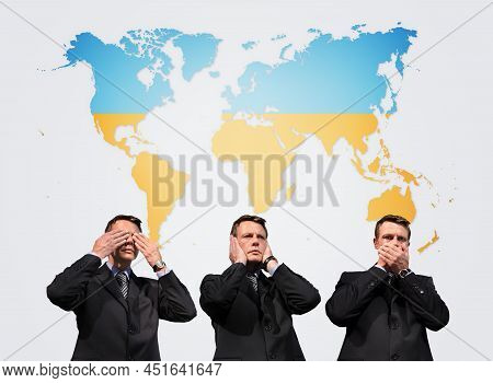 War In Ukraine Indifference, Indifferent Businessman Isolated On The World Map Whit Yellow And Blue 