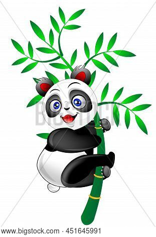 Cute Baby Panda Cartoon Hanging On Bamboo