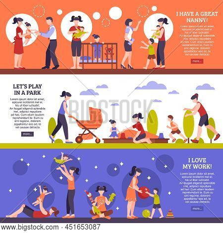 Nanny Horizontal Banners Set With Children And Family Symbols Flat Isolated Vector Illustration