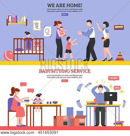Babysitter Horizontal Banners Set With Nanny Symbols Flat Isolated Vector Illustration
