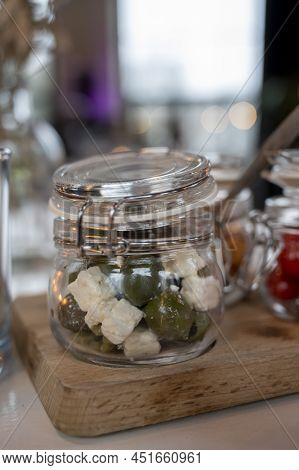 Glass Jars With Healthy Party Snacks Served In Bar, Tasty Appetisers