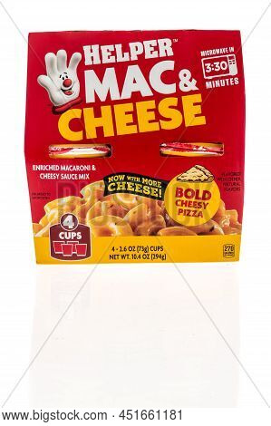 Winneconne, Wi -20 March 2021: A Package Of Hamburger Helper Mac Anc Cheese On An Isolated Backgroun