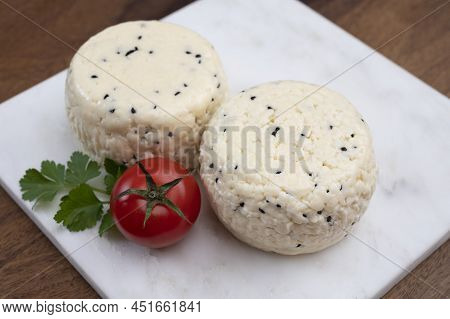 Traditional Polish White Cheese With Black Chives Seeds Made In North Poland In Kaszebe Area Near Gd