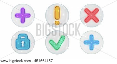 Set Of 3d Vector Render Icons. Checkmark, Cross Sign, Lock And Exclamation Mark. Bright Glossy Glass