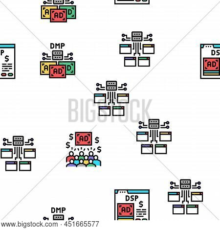 Programmatic Advertising Service Vector Seamless Pattern Thin Line Illustration