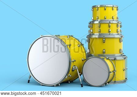 Set Of Realistic Drums Or Drumset On Blue Background