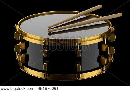 Realistic Drum And Wooden Drum Sticks On Black. 3D Render Of Musical Instrument