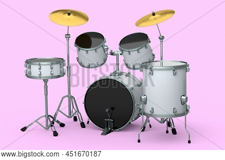 Set Of Realistic Drums With Metal Cymbals Or Drumset On Pink Background