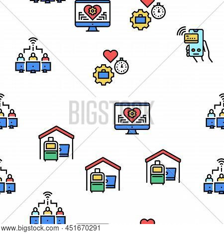 Digital Nomad Worker Vector Seamless Pattern Thin Line Illustration