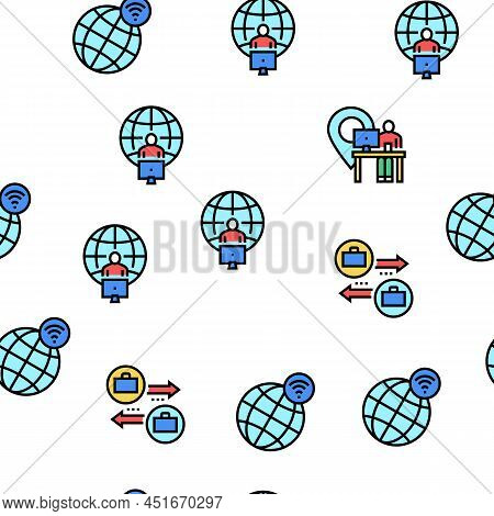 Digital Nomad Worker Vector Seamless Pattern Thin Line Illustration