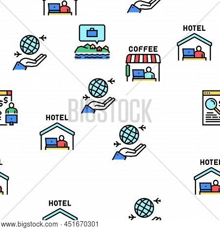 Digital Nomad Worker Vector Seamless Pattern Thin Line Illustration