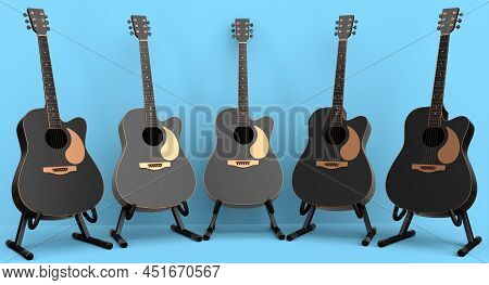 Set Of Electric Acoustic Guitar Isolated On Blue Background.
