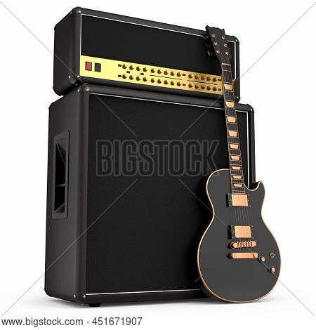 Classical Amplifier With Acoustic Guitar Isolated On White Background.