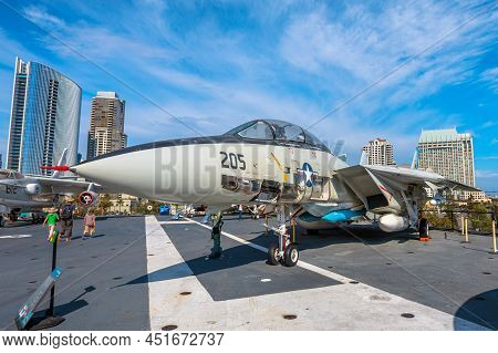 San Diego, United States - July 2018: Pilot With Grumman F-14a Tomcat. American Supersonic Jet Inter