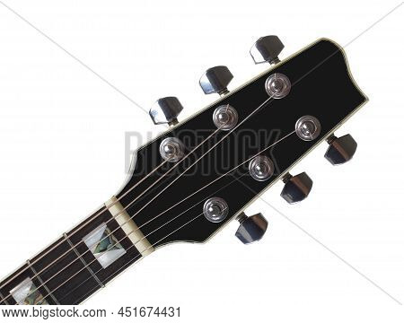 Musical Instrument - Headstock Peghead Black Acoustic Guitar On A White Background.
