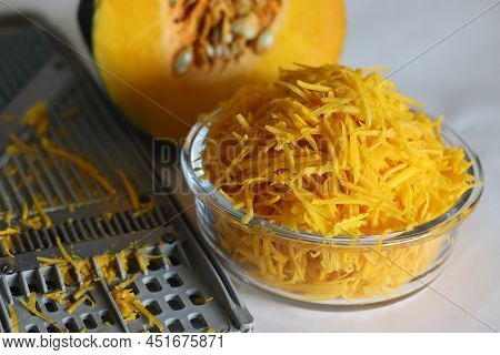 Shredded Pumpkin In A Glass Bowl