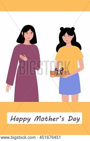 Mother's Day Present Concept. Smiling Girl Giving A Present For Her Mother. Nice Cute Card, Concept,
