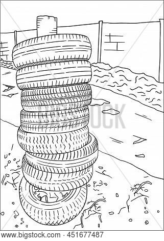 Pile Stack Of Used Tires From Cars On Top Of Each Other Along The Road Sketch