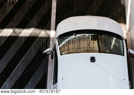 Car Parked On The Car Deck Of A Ro-ro Ferry. Top View