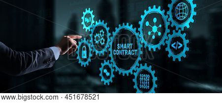 Smart Contract. Modern Business Technology. Businessman Presses Virtual Button Smart Contract Text O