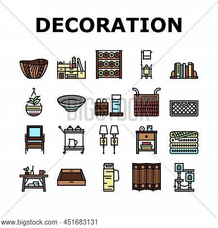 Home Decoration And Furniture Icons Set Vector. Bookends And Rattan Patio Home Decoration, Noodle An
