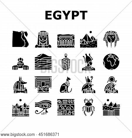 Egypt Country Monument Excursion Icons Set Vector. Egypt Pyramid And Sphinx Antique Construction, Ph
