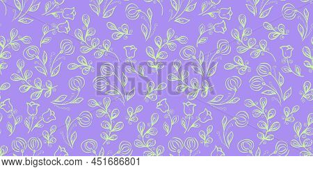 Spring Seamless Pattern. Floral Elements In Doodle Style. Violet Background. Watercolor Tropical Gre