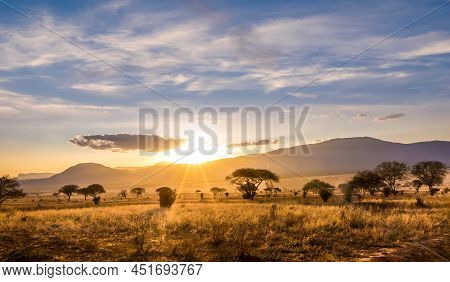 Amazing Sunset At Savannah Plains In Tsavo East National Park, Kenya