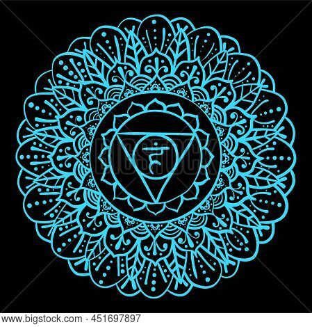 Vishuddha Art. The Fifth Guttural Chakra. Hand Drawn Sloppy Style. Vector Blue Symbol On Black. Medi