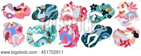 People Flying Space. Free Floating Persons. Men And Women Among Abstract Shapes In Weightlessness. I