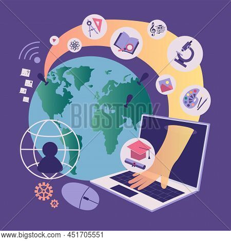 Concept Of Global Education,digital Courses. Abstract Background With Huge Planet Earth,laptop, Hand