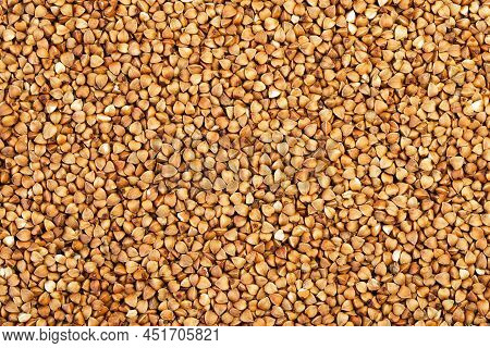 Buckwheat Kernel Texture. Grechka Groats Closeup. With Cereals. Scattered Buckwheat Top View, Textur